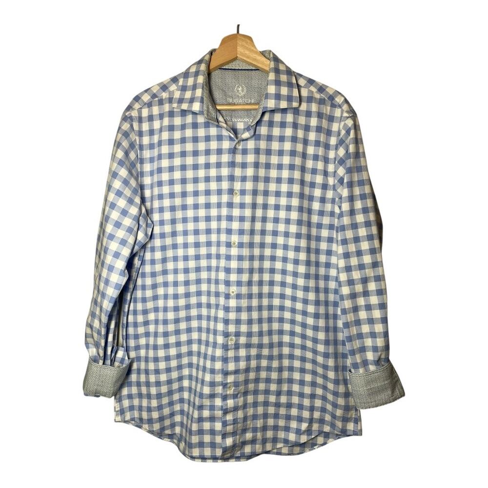 Bugatchi Mens Button Front Dress Shirt Gingham Plaid Blue White 16.5 x 34/35